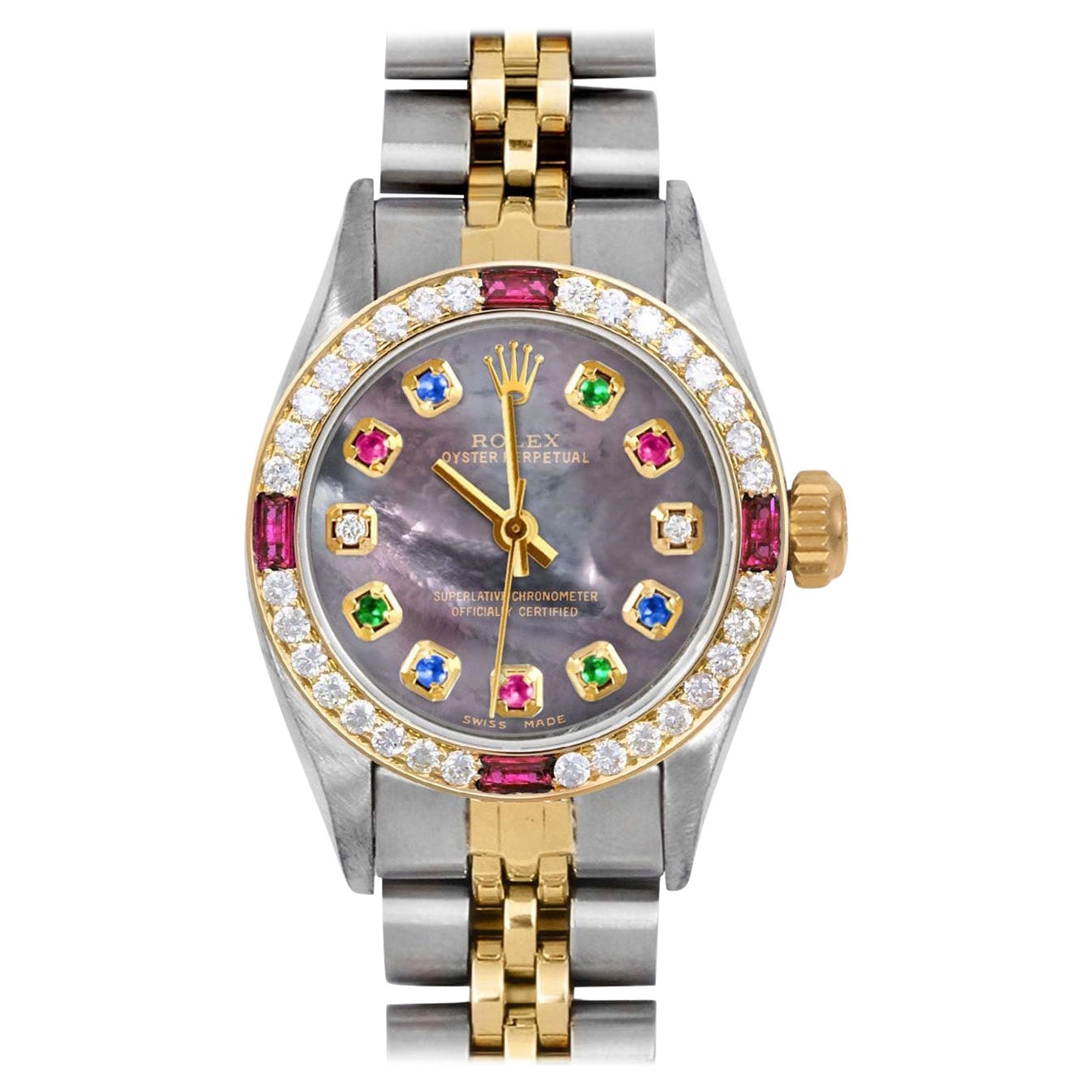 Rolex Oyster Perpetual Tahiti Rainbow Diamond Dial Montre avec lunette en rubis et diamants