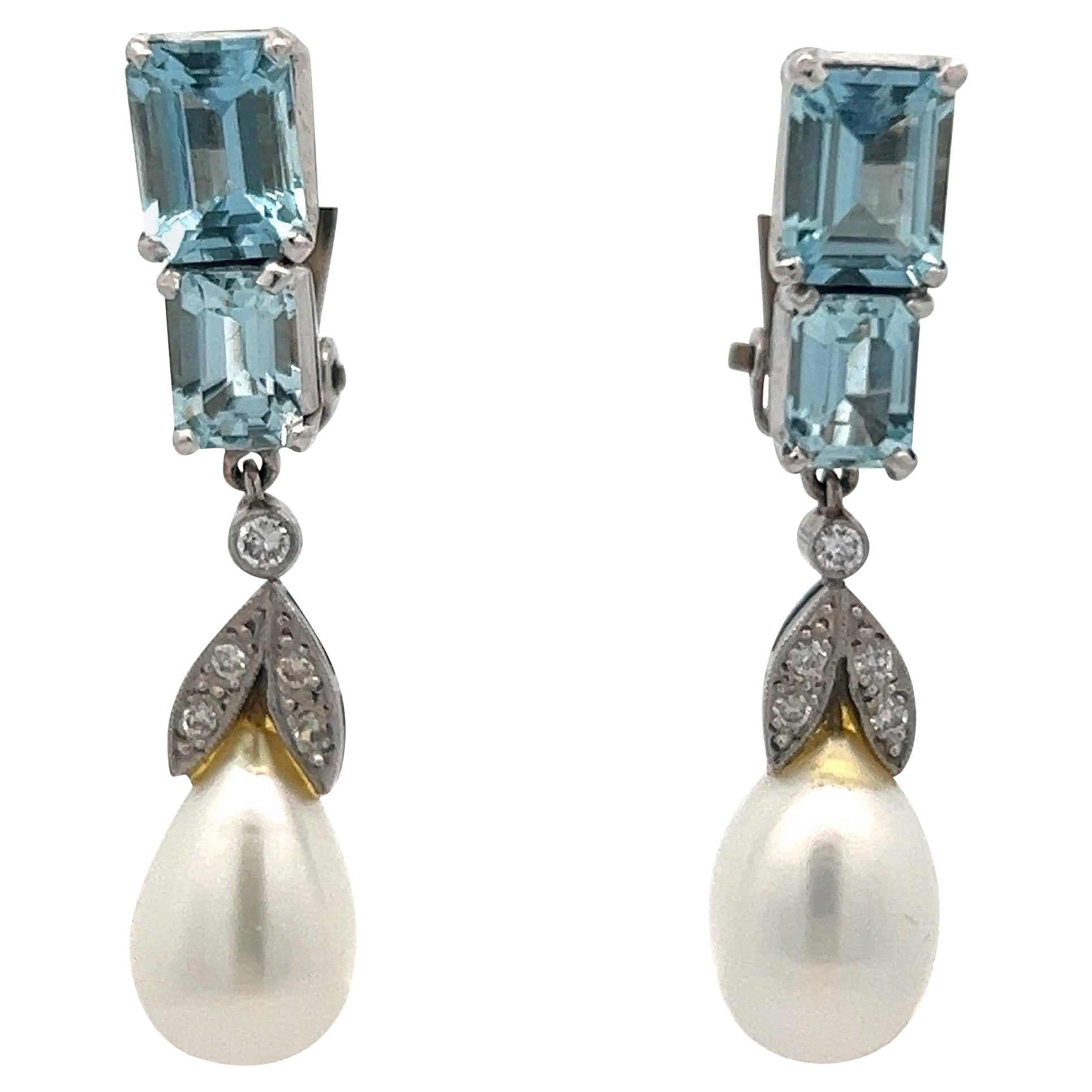 Aquamarine and Pearl Earrings For Sale