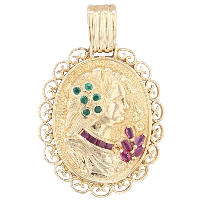 0.43ctw Emerald Ruby Cameo Pendant 18k Yellow Gold Floral Vintage For Sale
