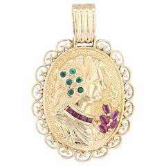 0.43ctw Emerald Ruby Cameo Pendant 18k Yellow Gold Floral Retro