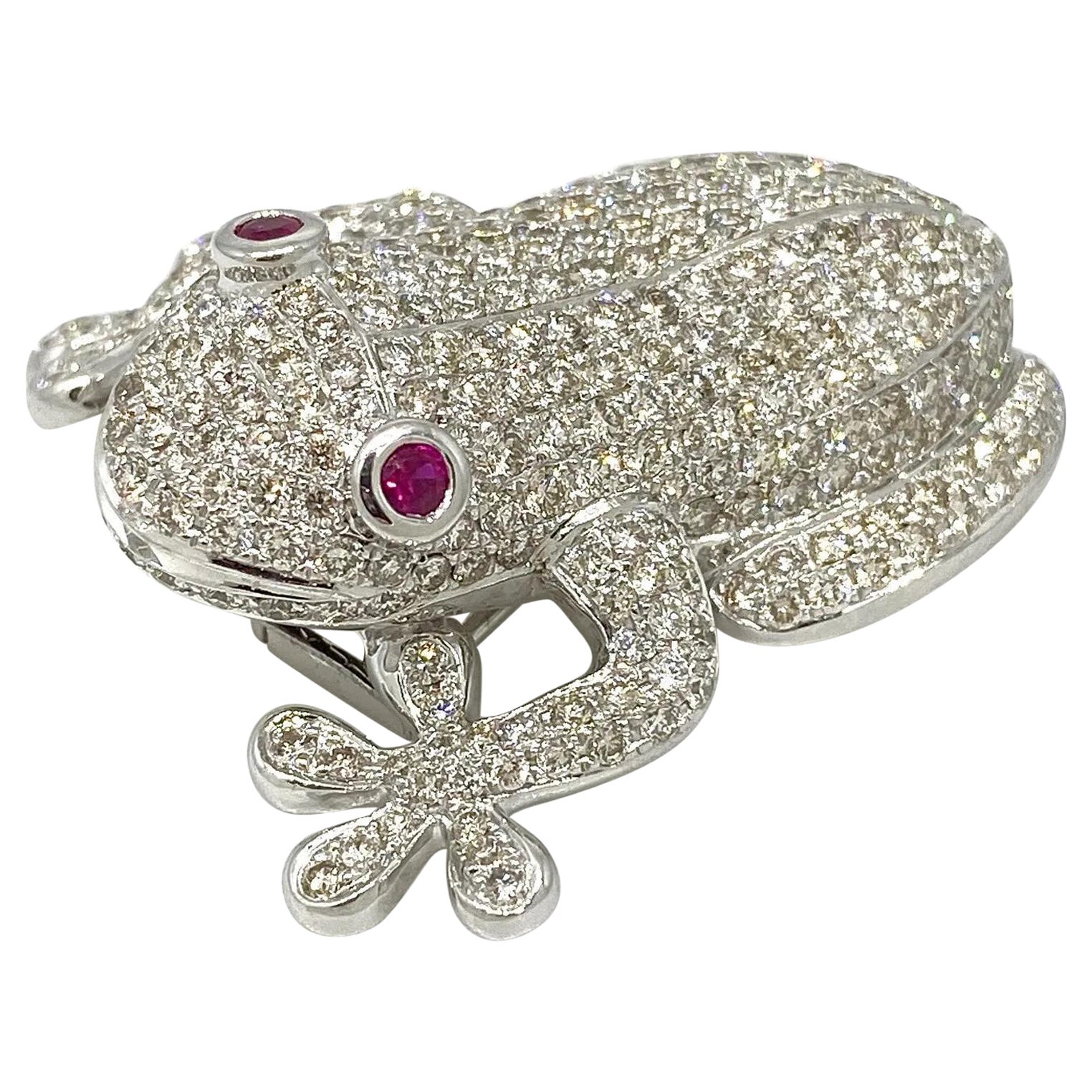 Diamond Pave Tree Frog Pin Brooch in 18k White Gold For Sale