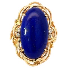 Grande bague cocktail en or jaune 14 carats avec lapis-lazuli et diamants