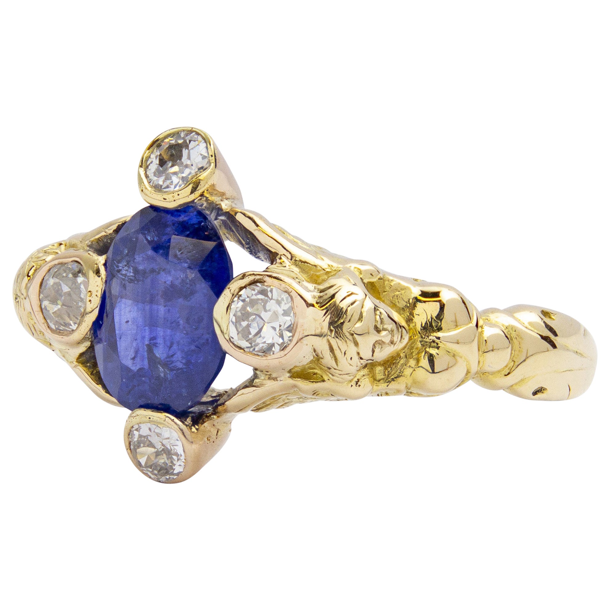 Austro-Hungarian Sapphire & Diamond Caryatid Ring For Sale