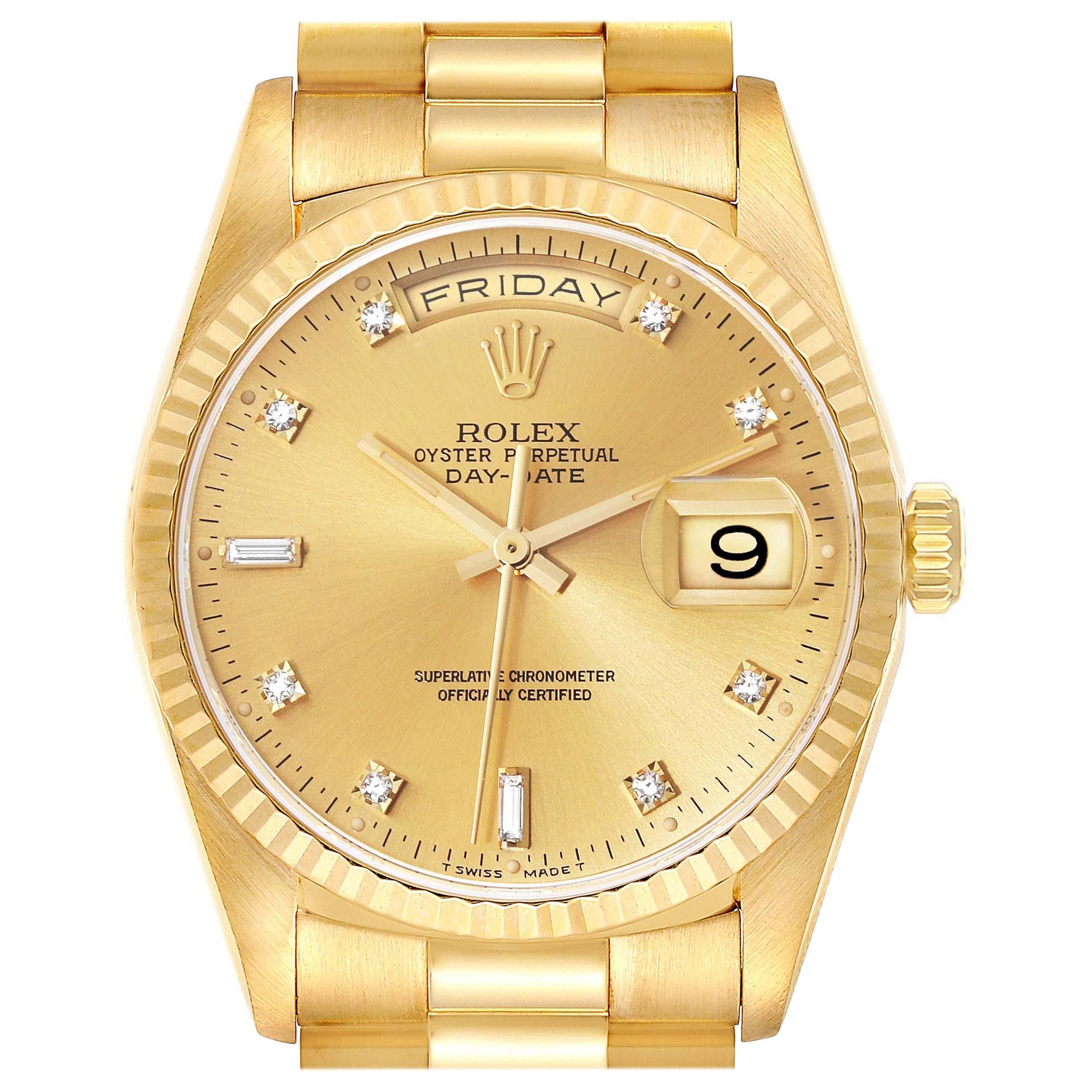 Rolex President Day-Date Yellow Gold Champagne Diamond Dial Mens Watch 18238 For Sale