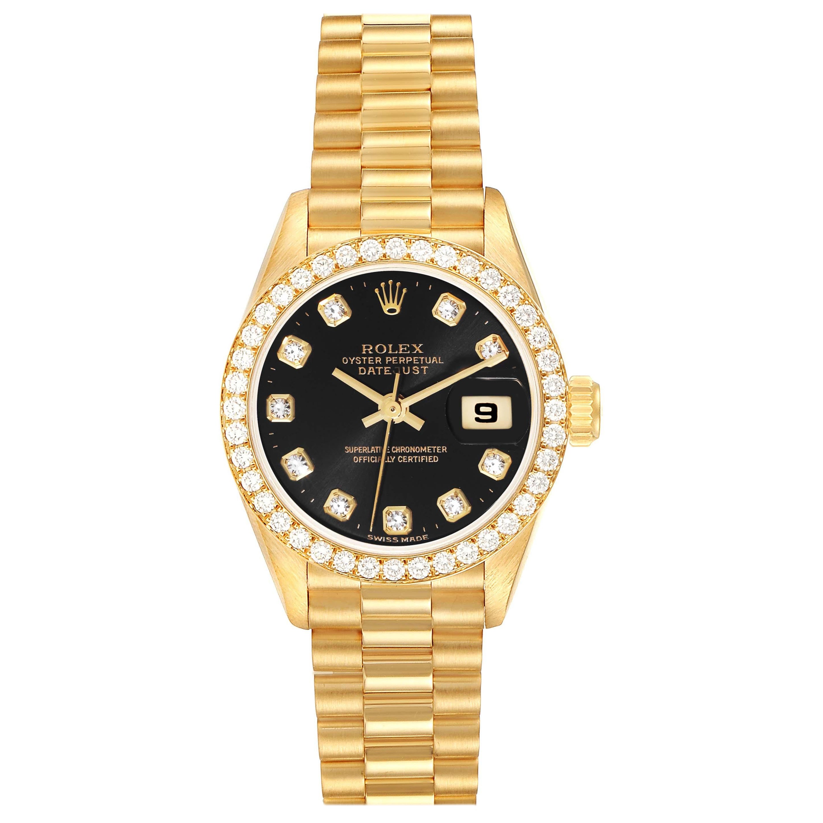 Rolex Datejust President Yellow Gold Black Dial Diamond Ladies Watch 69138 For Sale