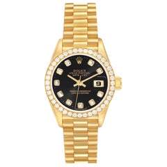 Vintage Rolex Datejust President Yellow Gold Black Dial Diamond Ladies Watch 69138