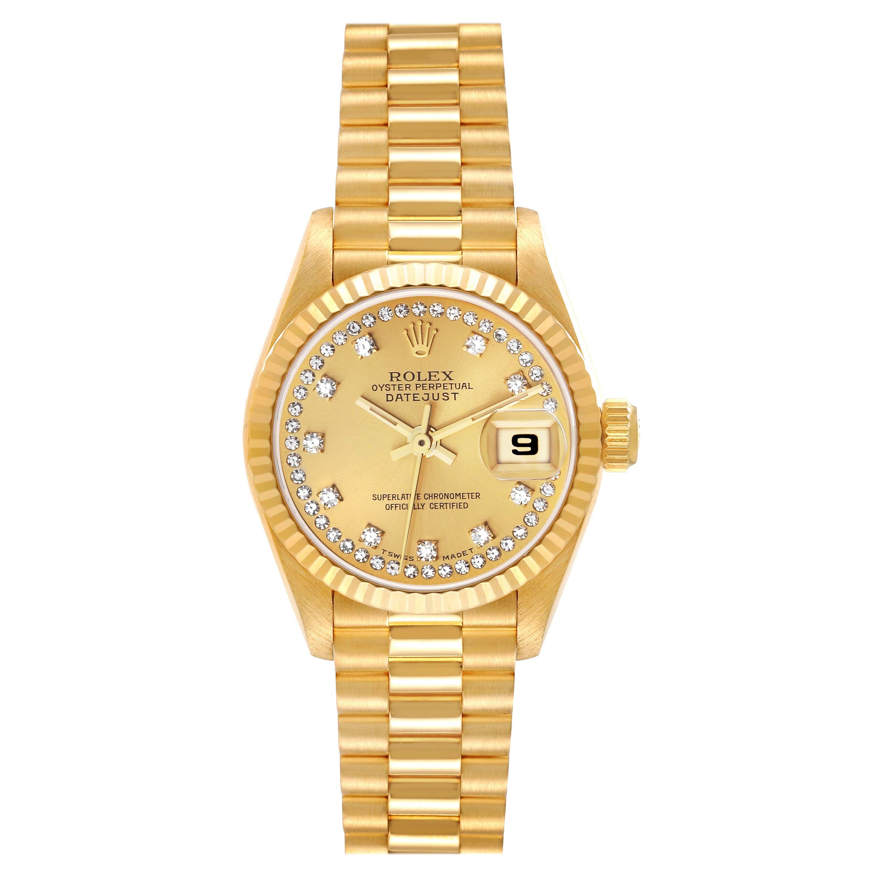 Rolex Montre Datejust President en or jaune et diamants pour femmes 69178, avec boîte et papiers d'origine