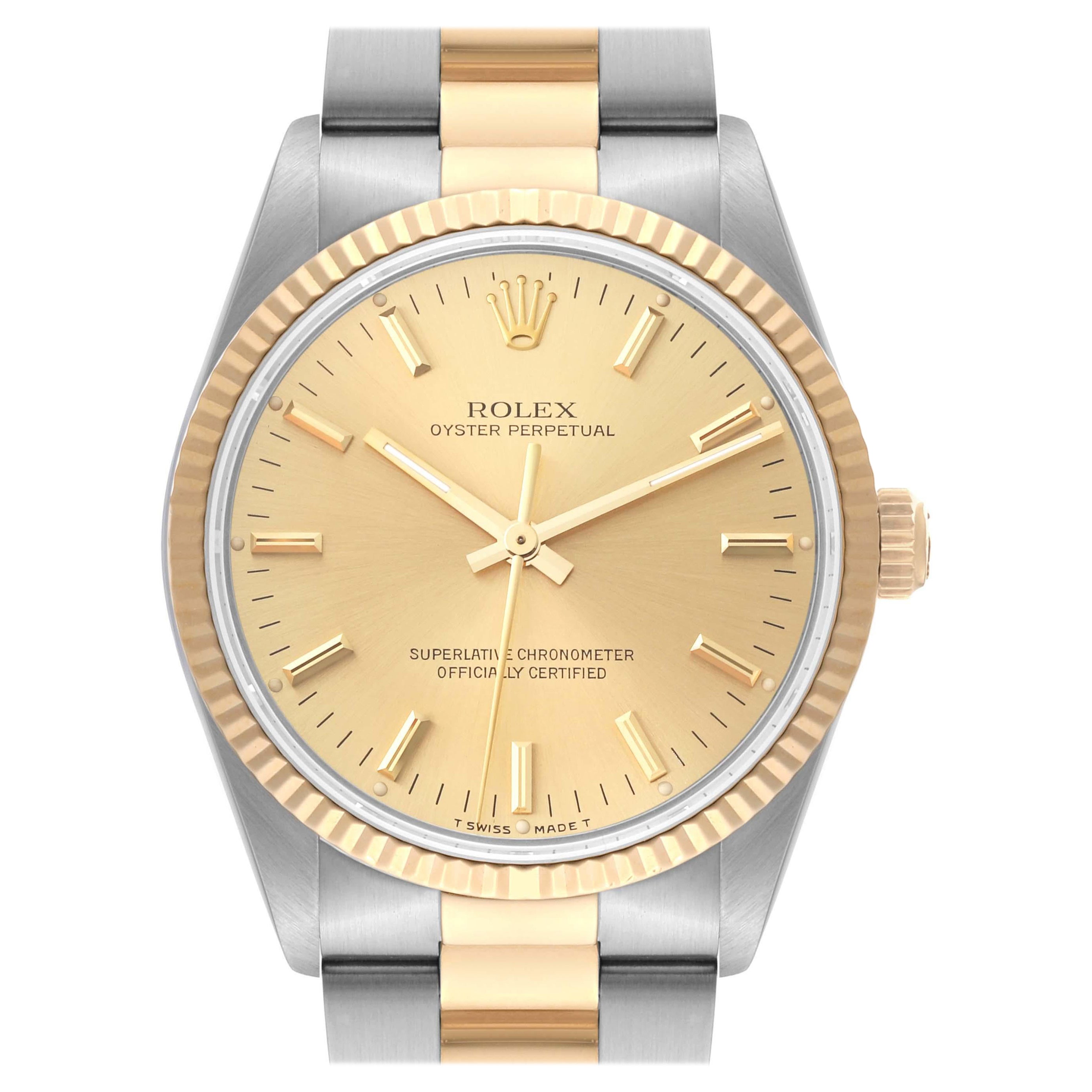 Rolex Oyster Perpetual Fluted Bezel Steel Yellow Gold Mens Watch 14233 For Sale