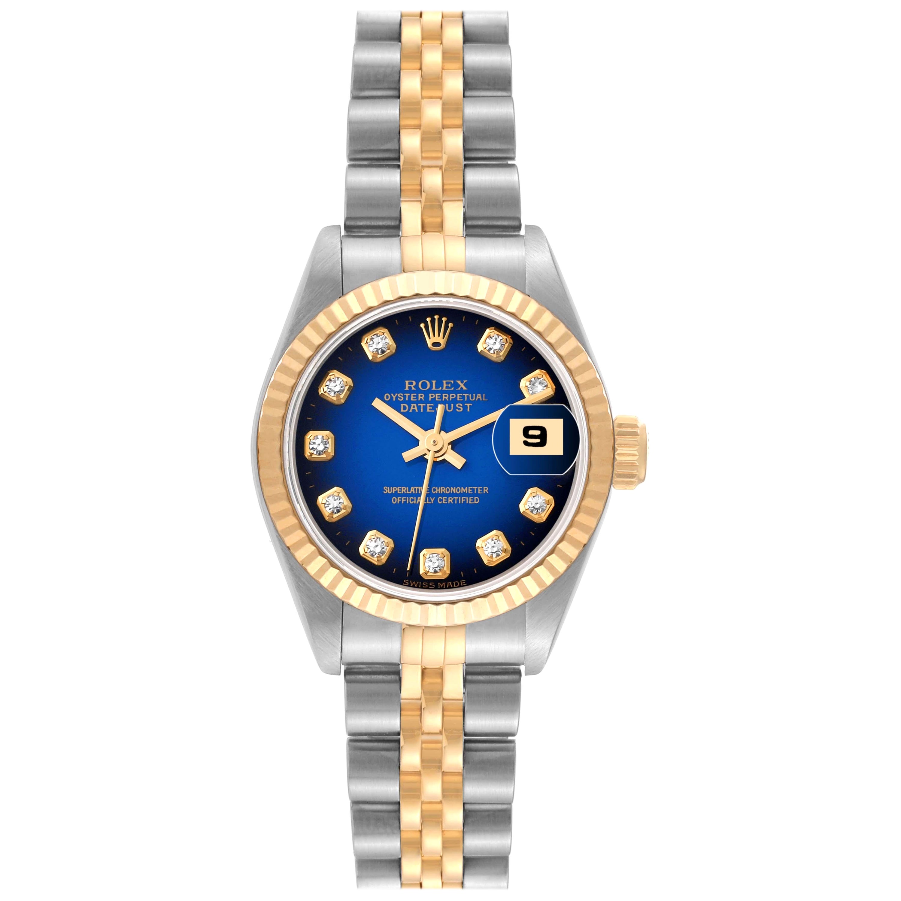 Rolex Montre Datejust bleue Vignette avec cadran en acier et or jaune pour femmes 69173 en vente