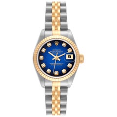 Rolex Montre Datejust bleue Vignette avec cadran en acier et or jaune pour femmes 69173