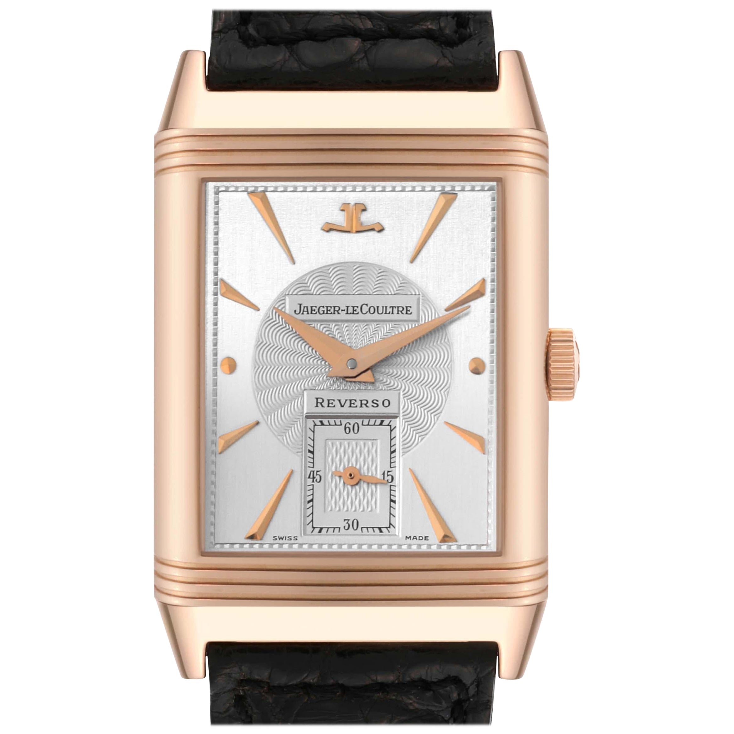 Jaeger LeCoultre Reverso Art Deco Rose Gold Silver Dial Mens Watch 270.2.62 For Sale