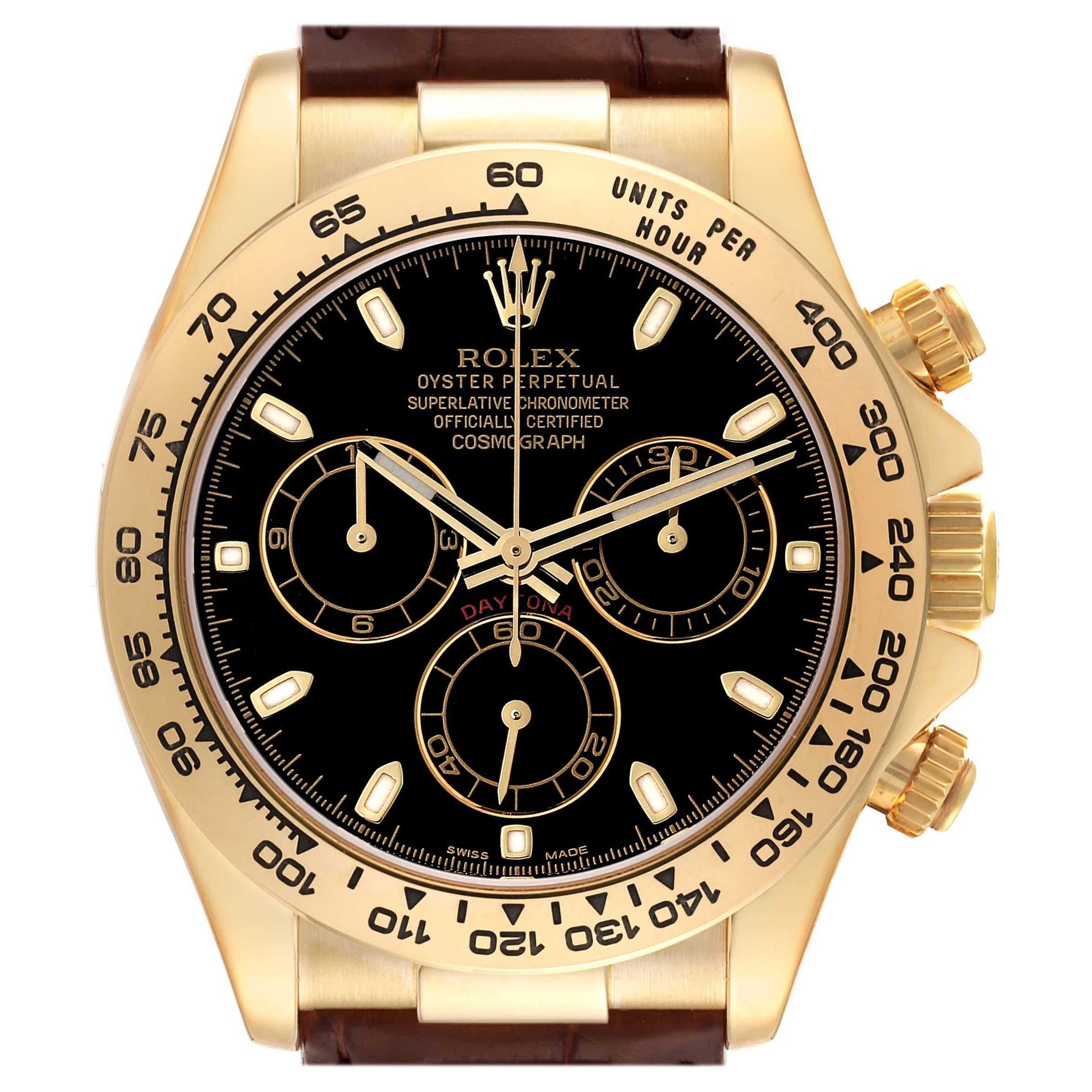 Rolex Daytona Yellow Gold Black Dial Mens Watch 116518 Box Card