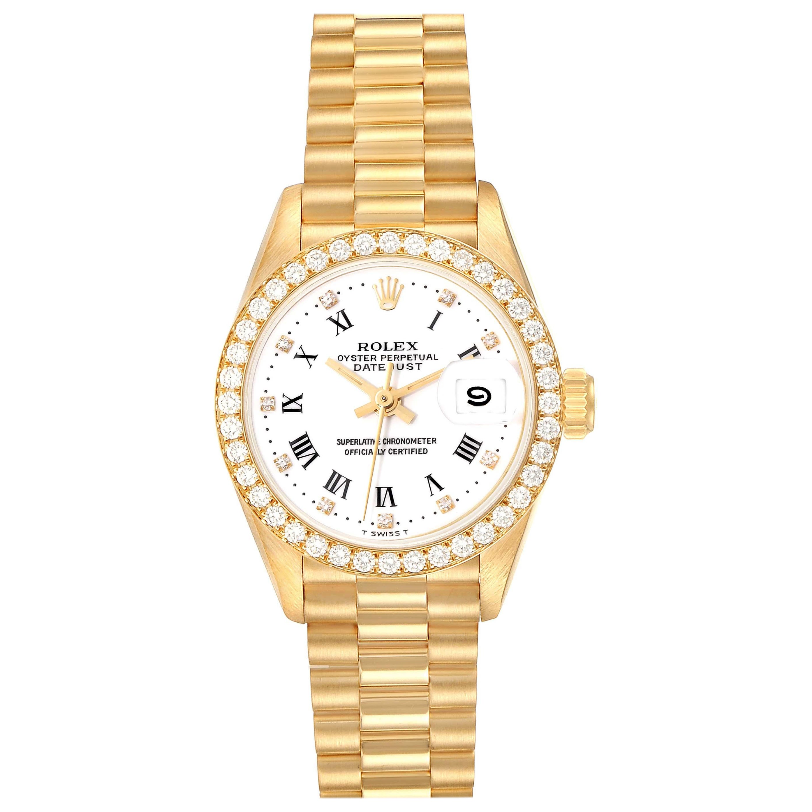 Rolex President Datejust Yellow Gold White Dial Diamond Ladies Watch 69138 For Sale