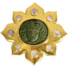 Elizabeth Locke Large Medusa Lava Cameo Gold Pendant Brooch