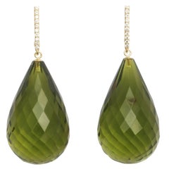 Green Amber Briolette Diamond Gold Drop Earrings