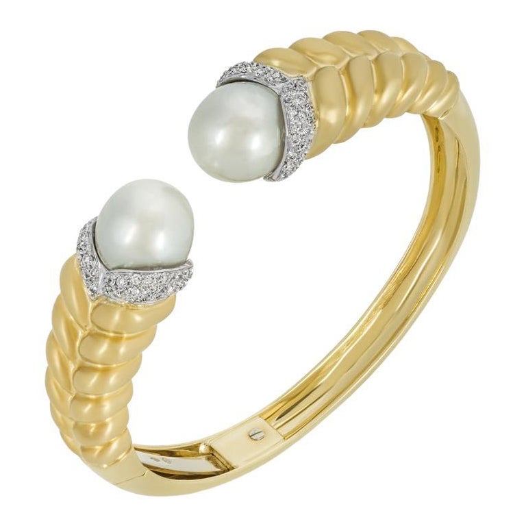 Yellow Gold Pearl & Diamond Cuff Bangle For Sale