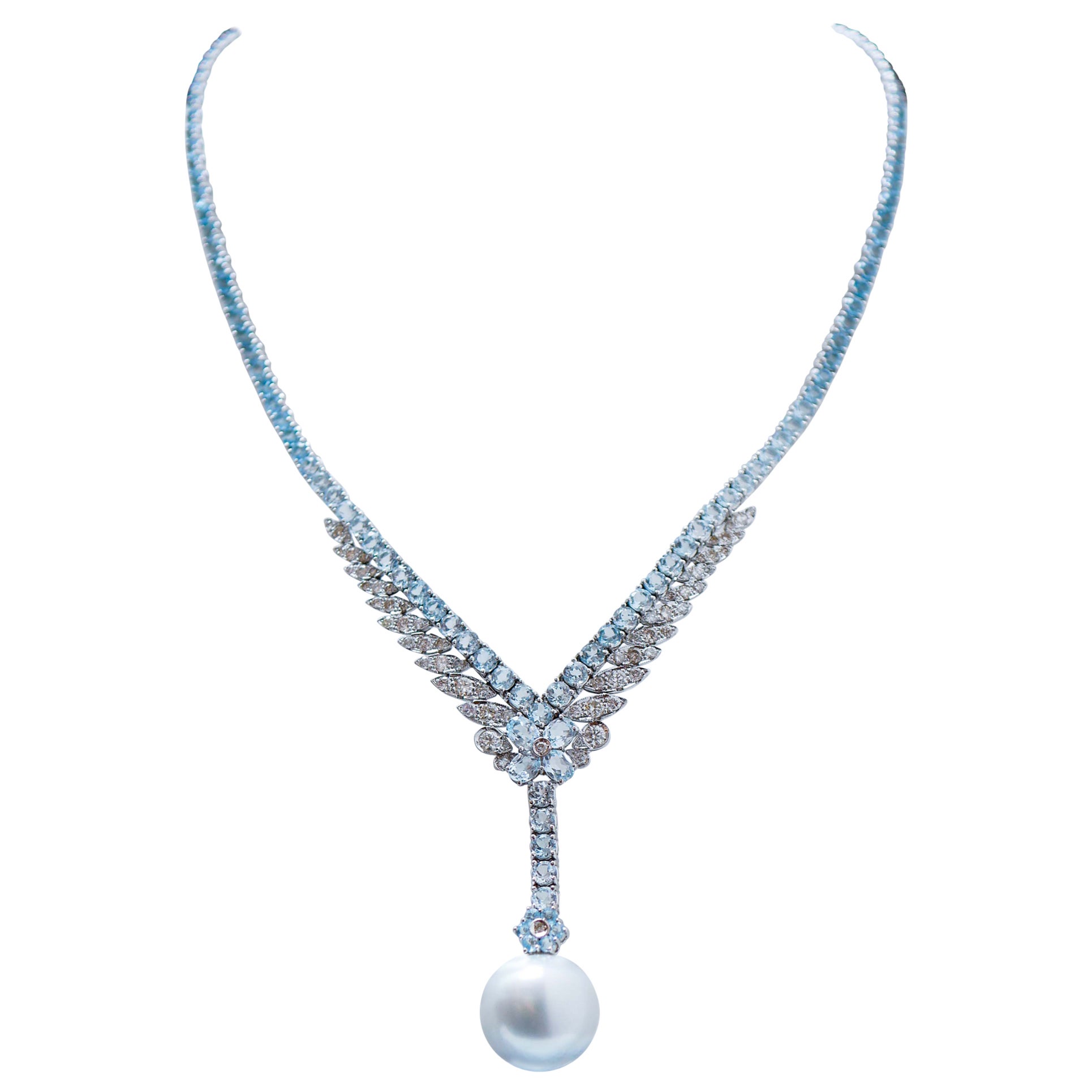 Aquamarine Colour Topazs, Diamonds, Pearl, 14 Karat White Gold Necklace. For Sale