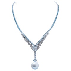 Aquamarine Colour Topazs, Diamonds, Pearl, 14 Karat White Gold Necklace.