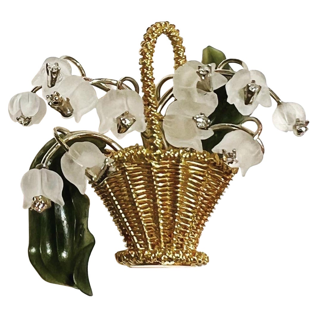 1950s Austrian Nephrite jade 18K Diamonds Rock Crystal Lily of the Valley Brooch For Sale