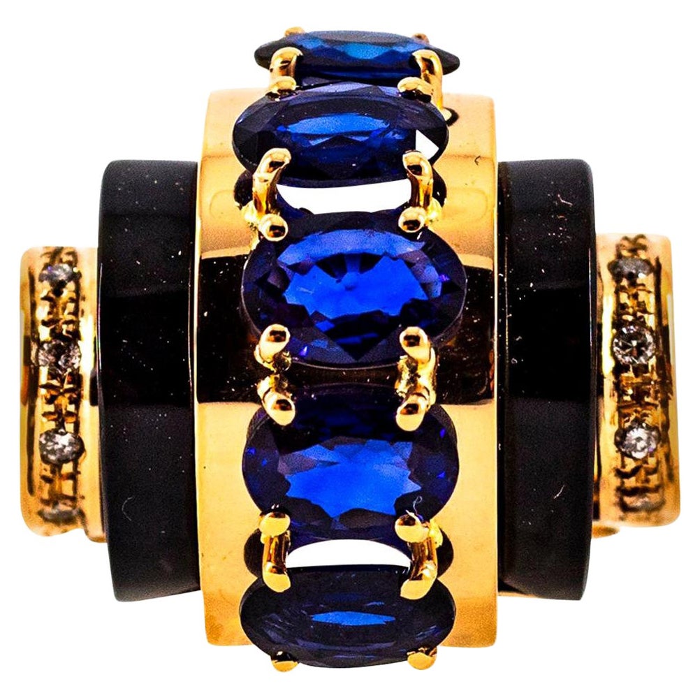 Art Deco Style 3.75 Carat White Diamond Blue Sapphire Onyx Yellow Gold Ring