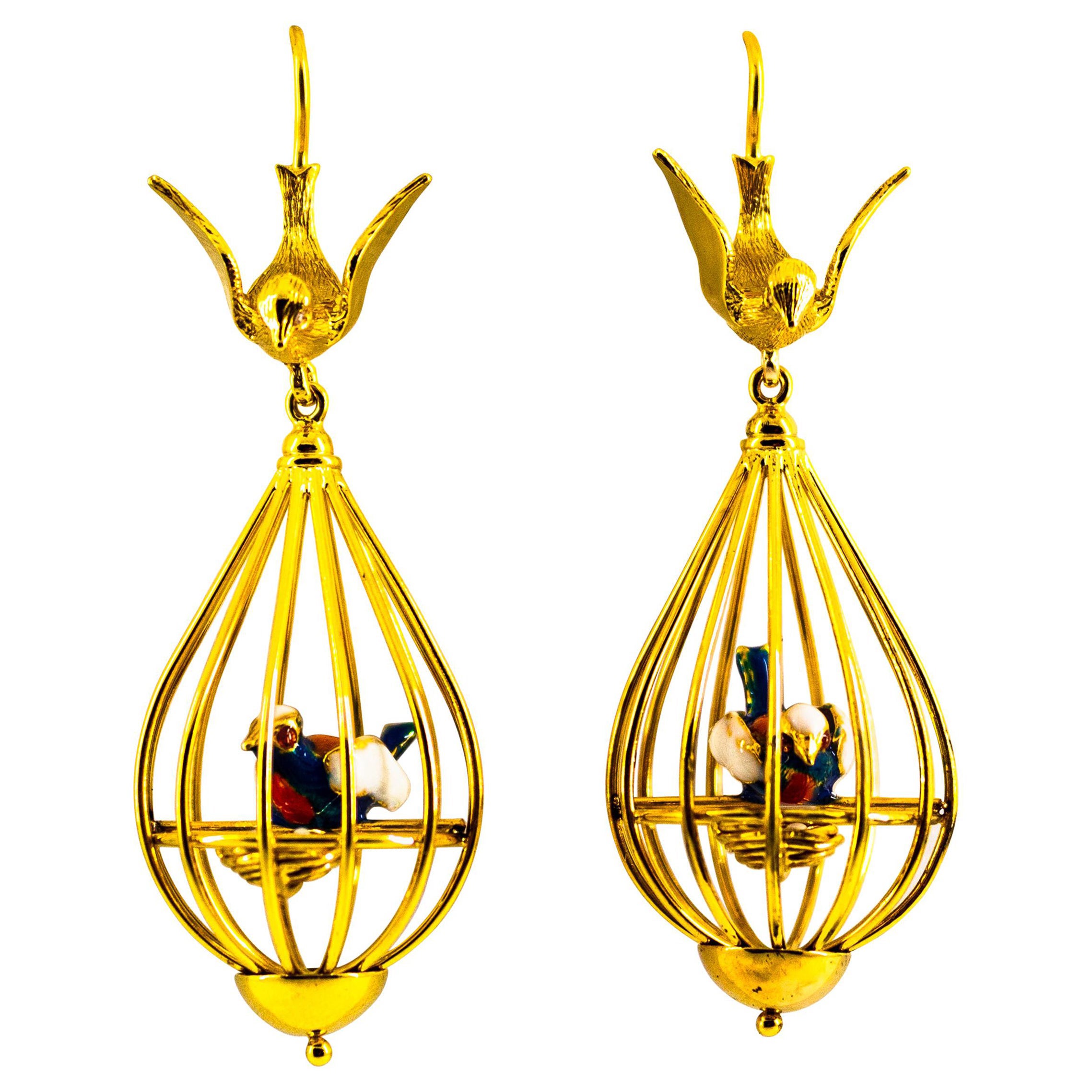 Art Nouveau Style White Diamond Pearl Enamel Yellow Gold Birdcage Drop Earrings For Sale