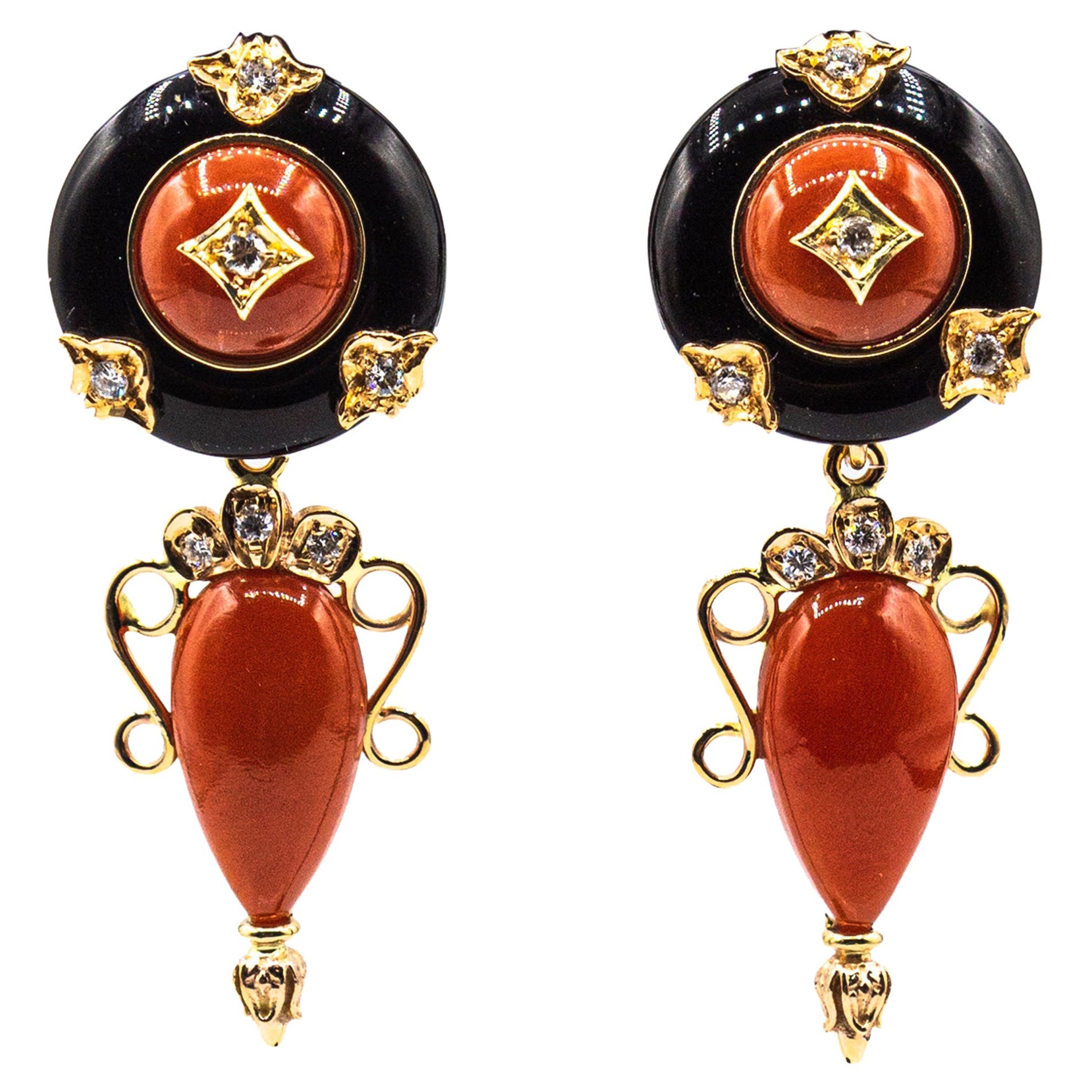 Onyx-Ohrringe im Art-déco-Stil mit mediterraner roter Koralle und weißen Diamanten im Angebot