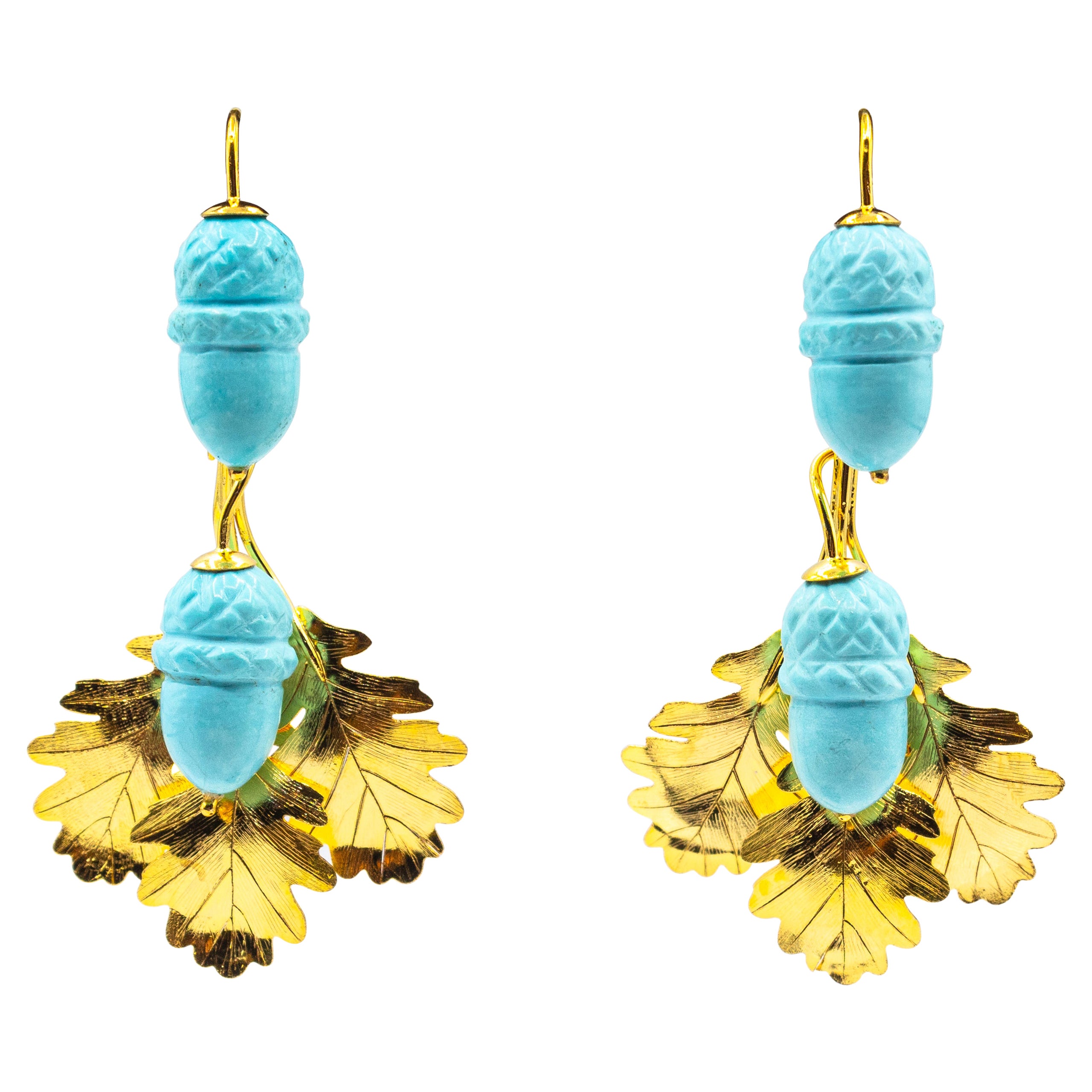 Art Nouveau Style Handcrafted Turquoise Yellow Gold Drop "Acorn" Earrings For Sale