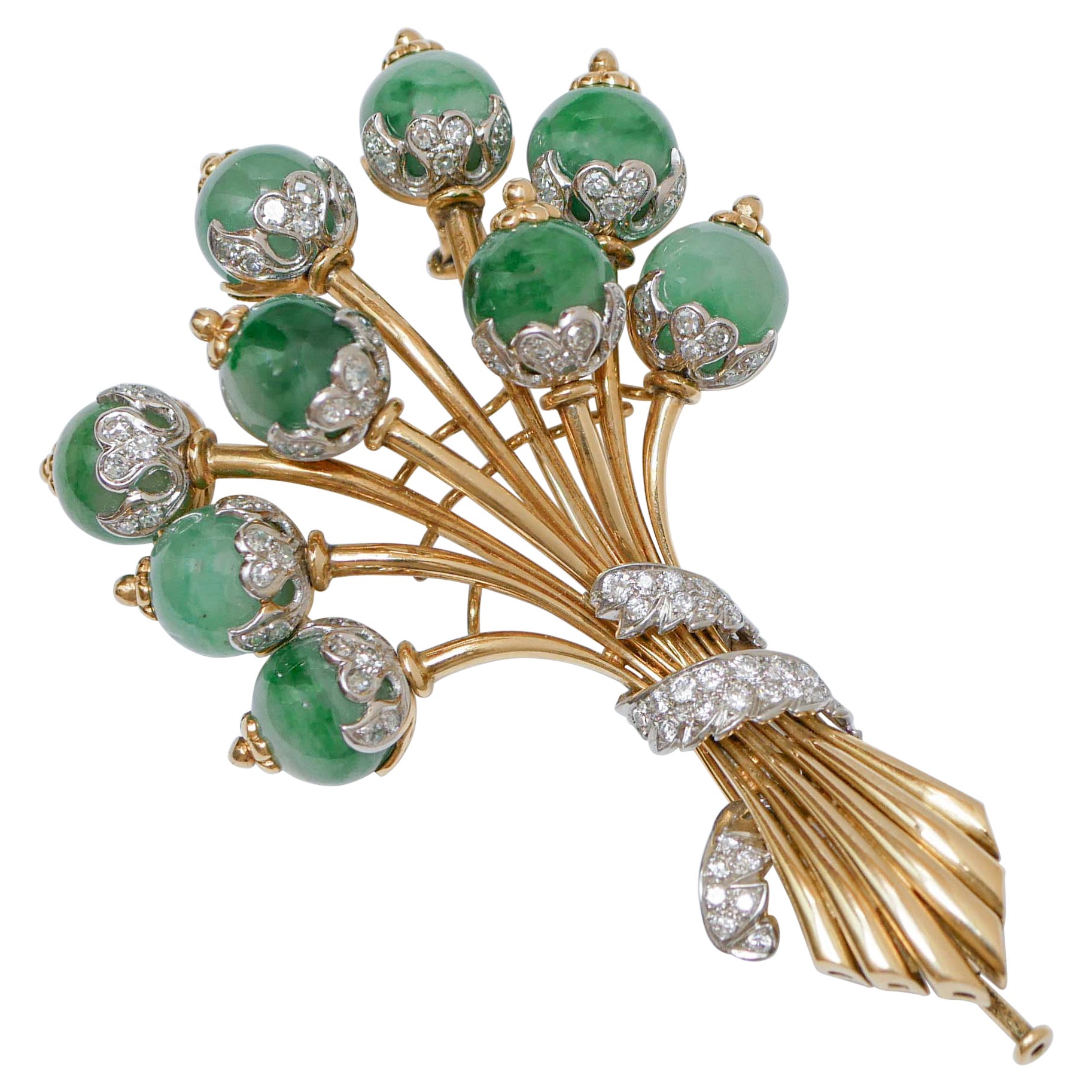 Jade, Diamonds, 18 Karat Yellow Gold and White Gold Brooch. For Sale