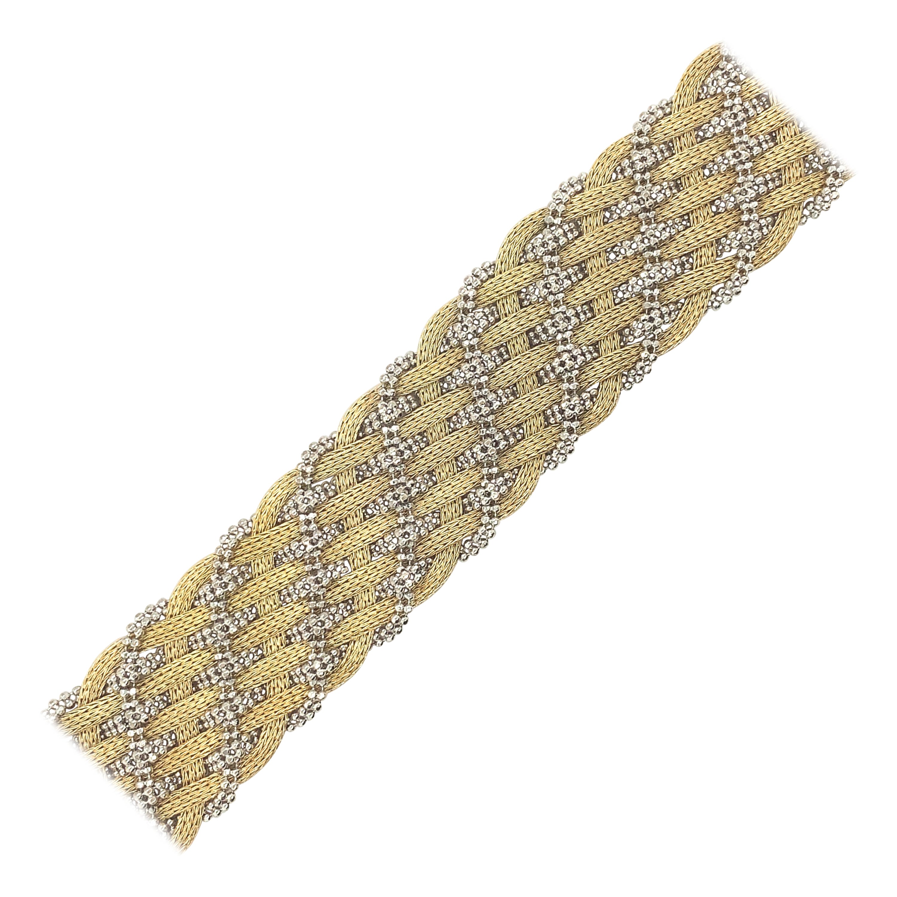 Italian 14K White and Yellow Gold 3/4" Wide Woven Bracelet 7.75" For Sale