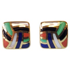 Asch Grossbardt Earrings 14k Yellow Gold Multi-Stone Inlay Design