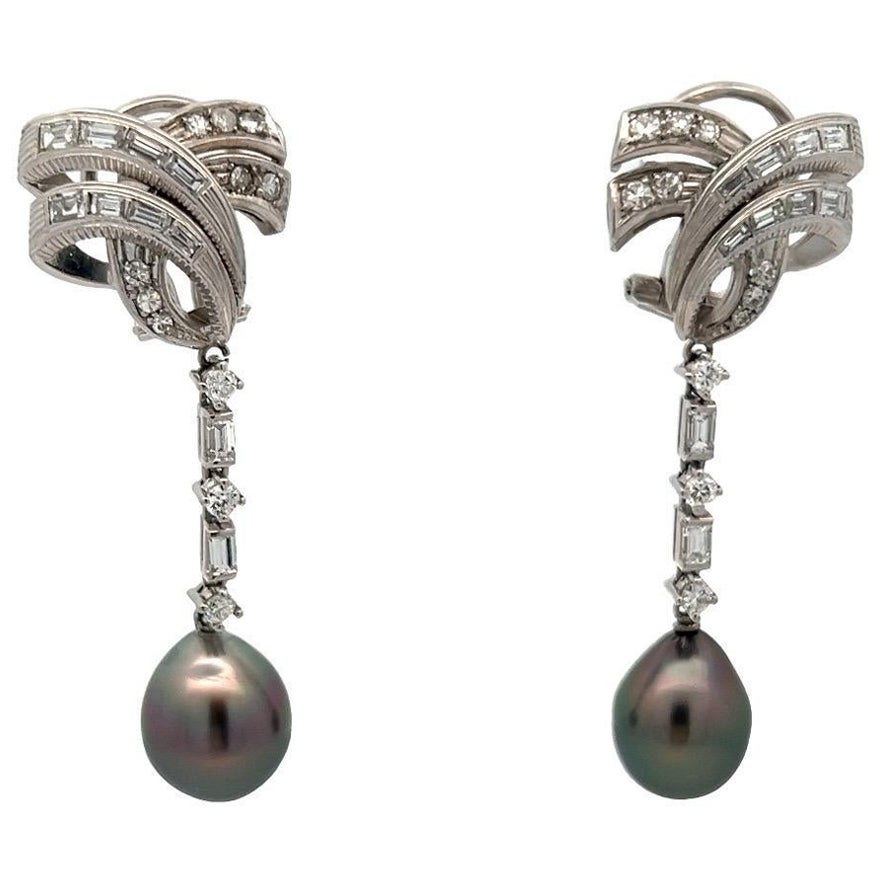Tahitian Pearl and Diamond Earrings For Sale