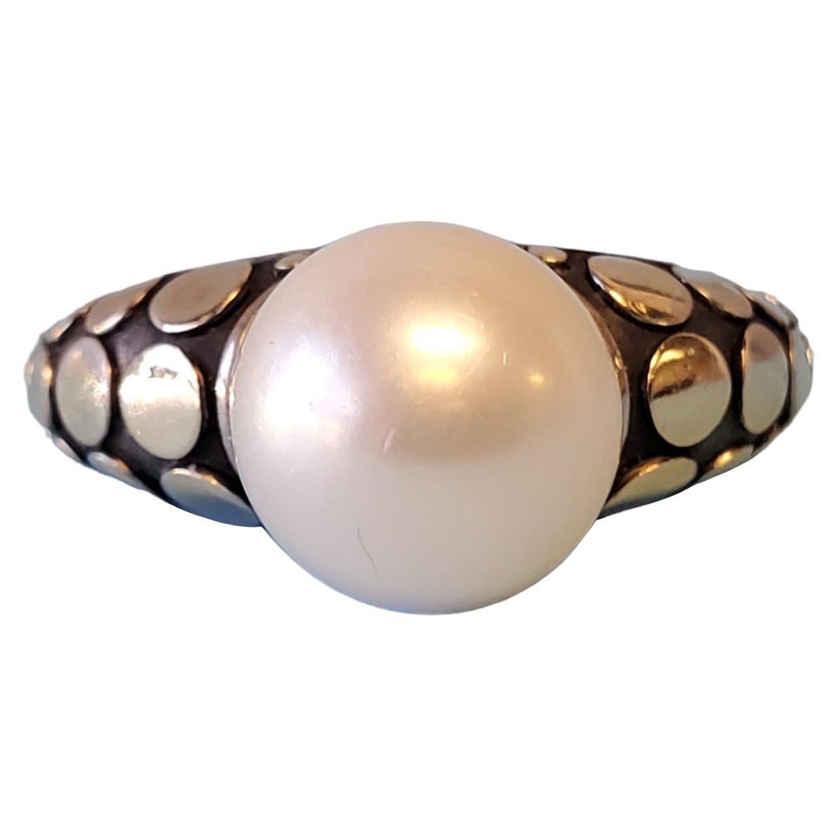 John Hardy Pearl Ring Sterling Silver 18k Yellow Gold Dot Pattern Design For Sale