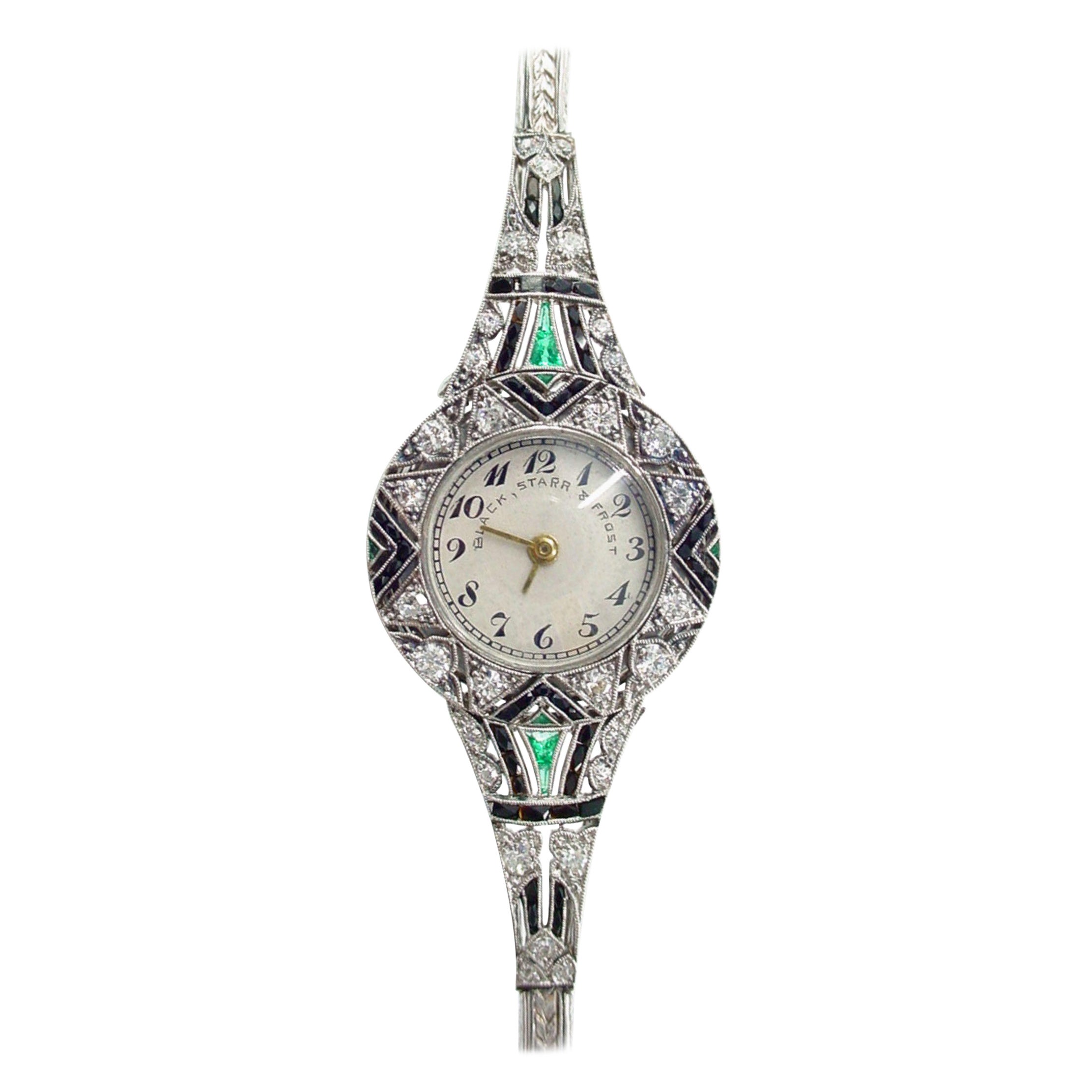 Important Art Deco Black, Starr, and Frost Platinum Diamond Emerald Wristwatch For Sale