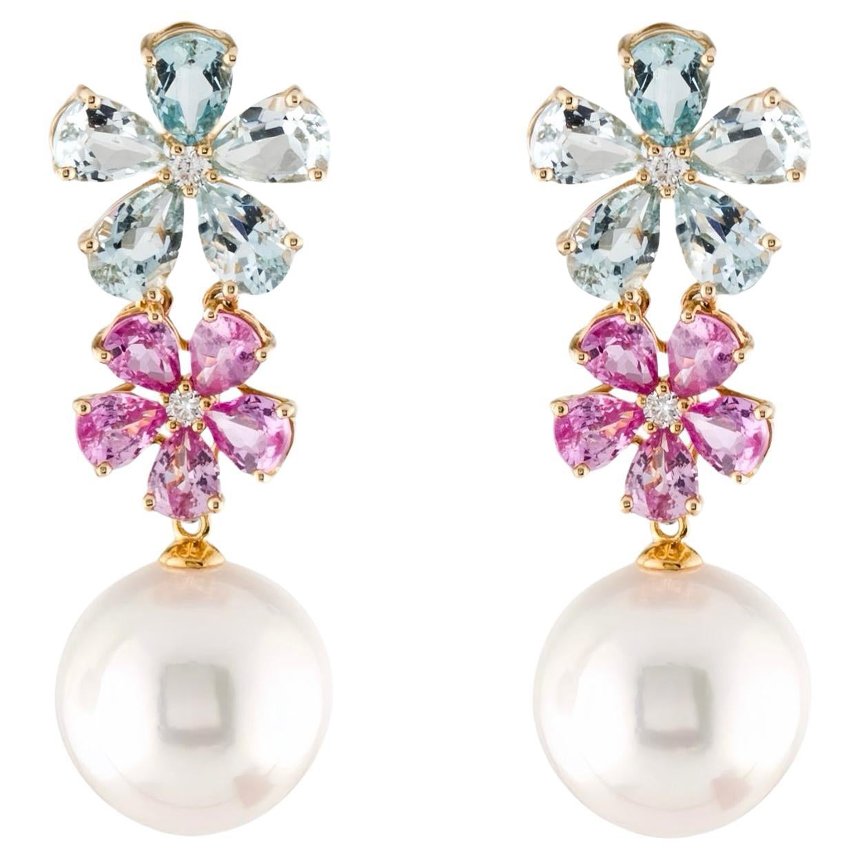 Nina Zhou Aquamarine Pink Sapphire Blossom 12-13mm Pearl Convertible Earrings For Sale