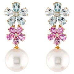 Nina Zhou - Boucles d'oreilles convertibles en perles aigue-marine, saphir rose et fleurs 12-13 mm