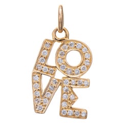 Diamond LOVE Pendant 70s Retro 14k Yellow Gold Charm Estate Fine Jewelry 