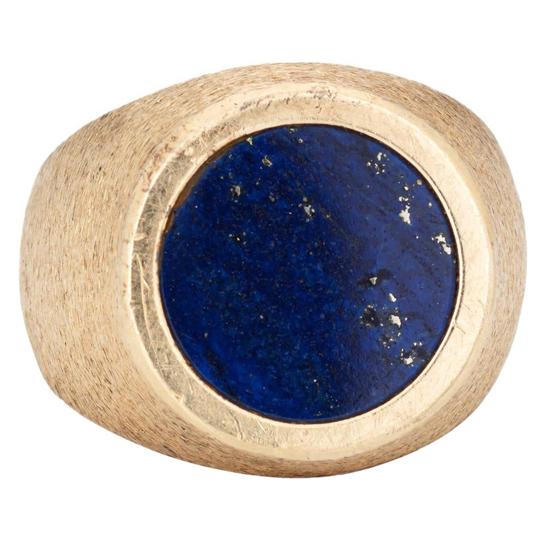 70s Lapis Lazuli Signet Ring Sz 7 14k Yellow Gold Round Estate Fine Jewelry  For Sale