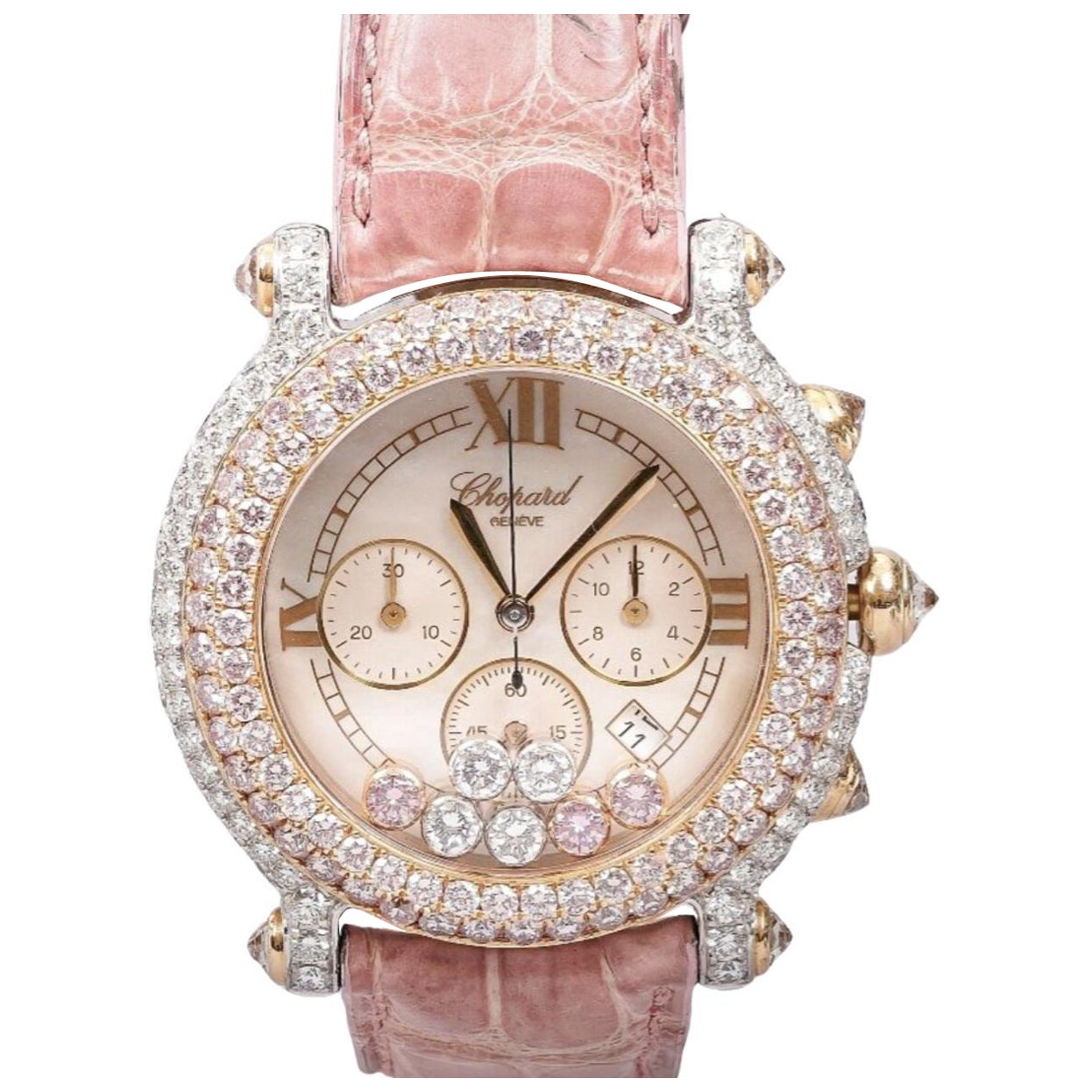 Chopard Happy Sport Pink Diamond MOP 40mm Ladies 18K Gold Watch Pouch/Papers en vente