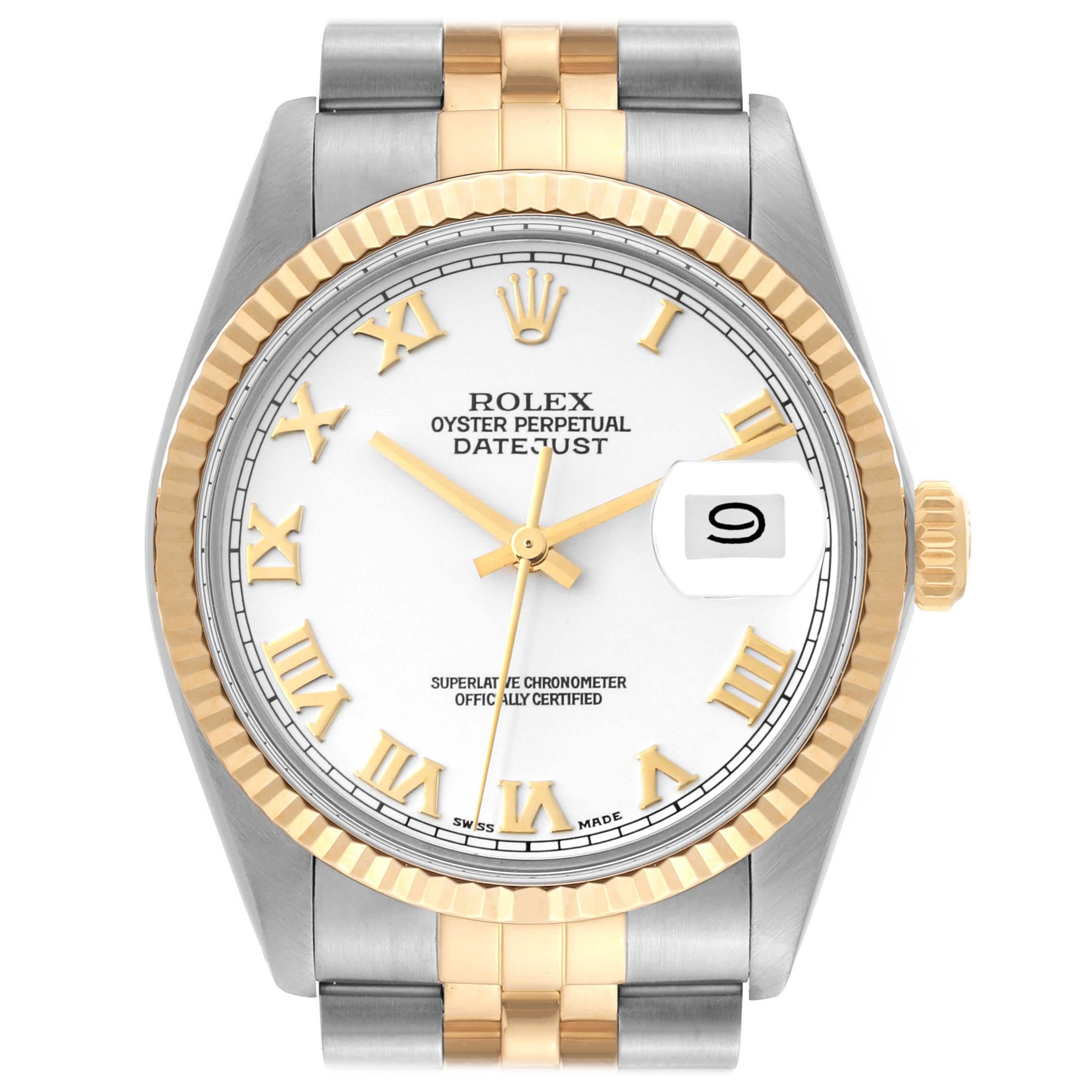 Rolex Datejust Steel Yellow Gold White Dial Vintage Mens Watch 16013 Box Papers For Sale