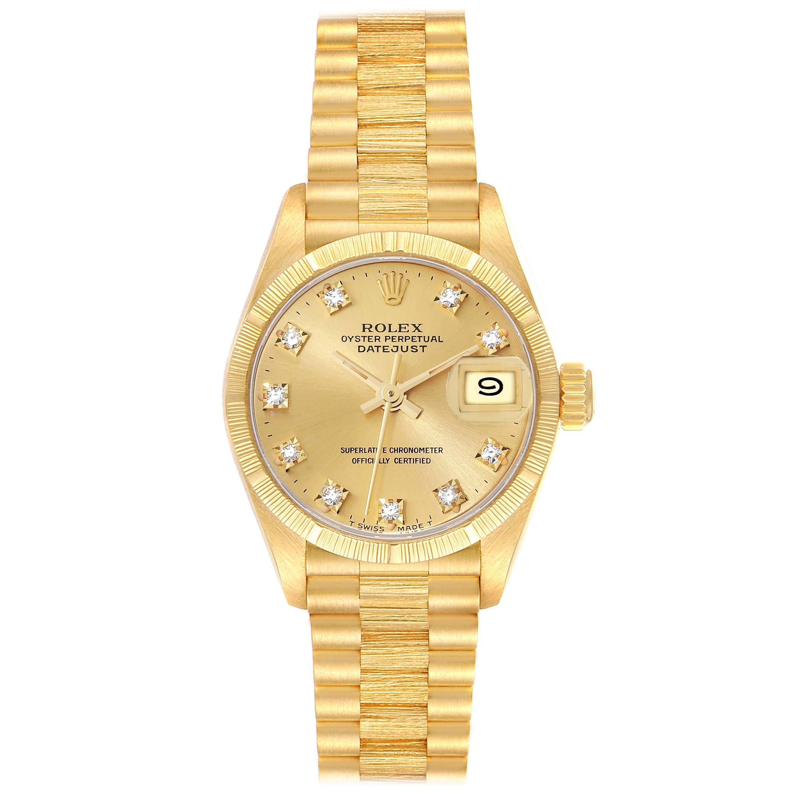 Rolex Datejust President Diamond Dial Yellow Gold Bark Finish Ladies Watch 69278 For Sale