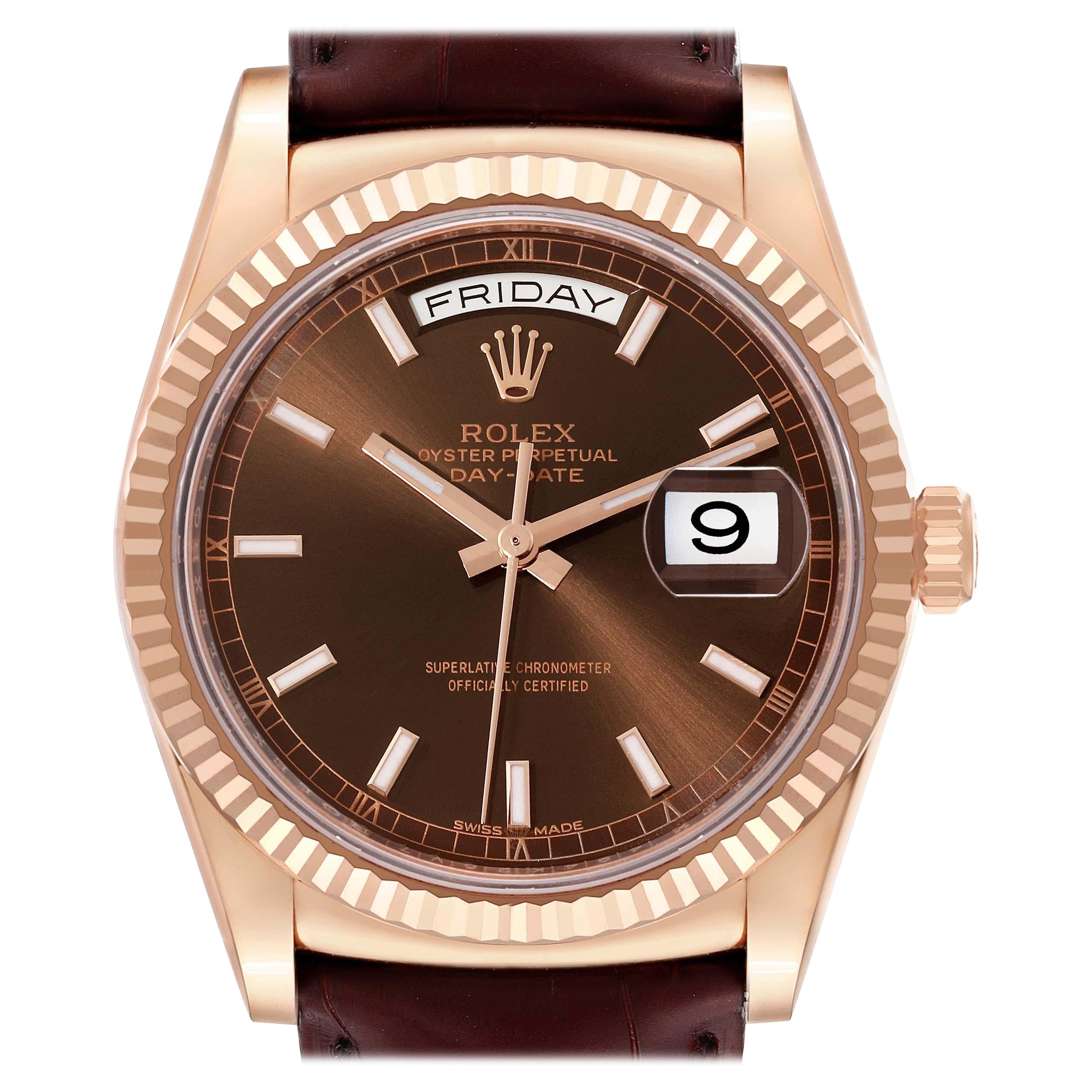 Rolex President Day-Date Rose Gold Chocolate Dial Mens Watch 118135 For Sale