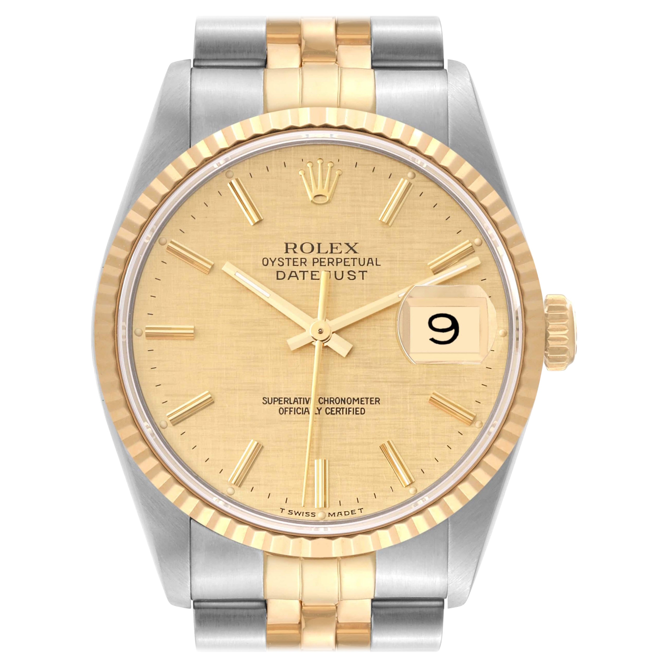 Rolex Datejust 36 Steel Yellow Gold Champagne Linen Dial Mens Watch 16233 For Sale