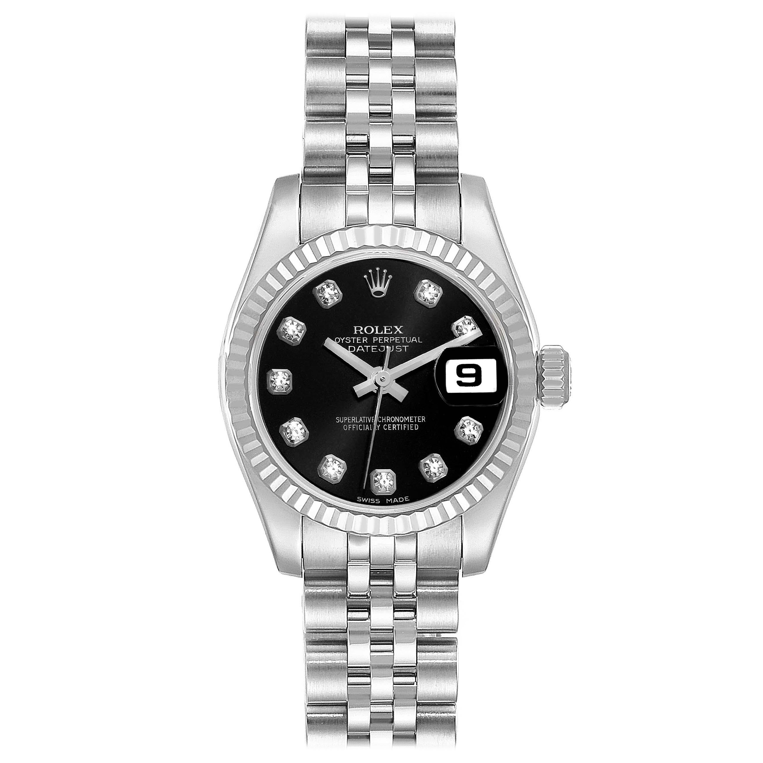 Rolex Datejust Steel White Gold Black Diamond Dial Ladies Watch 179174 Box Card