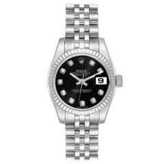Rolex Datejust Steel White Gold Black Diamond Dial Ladies Watch 179174 Box Card