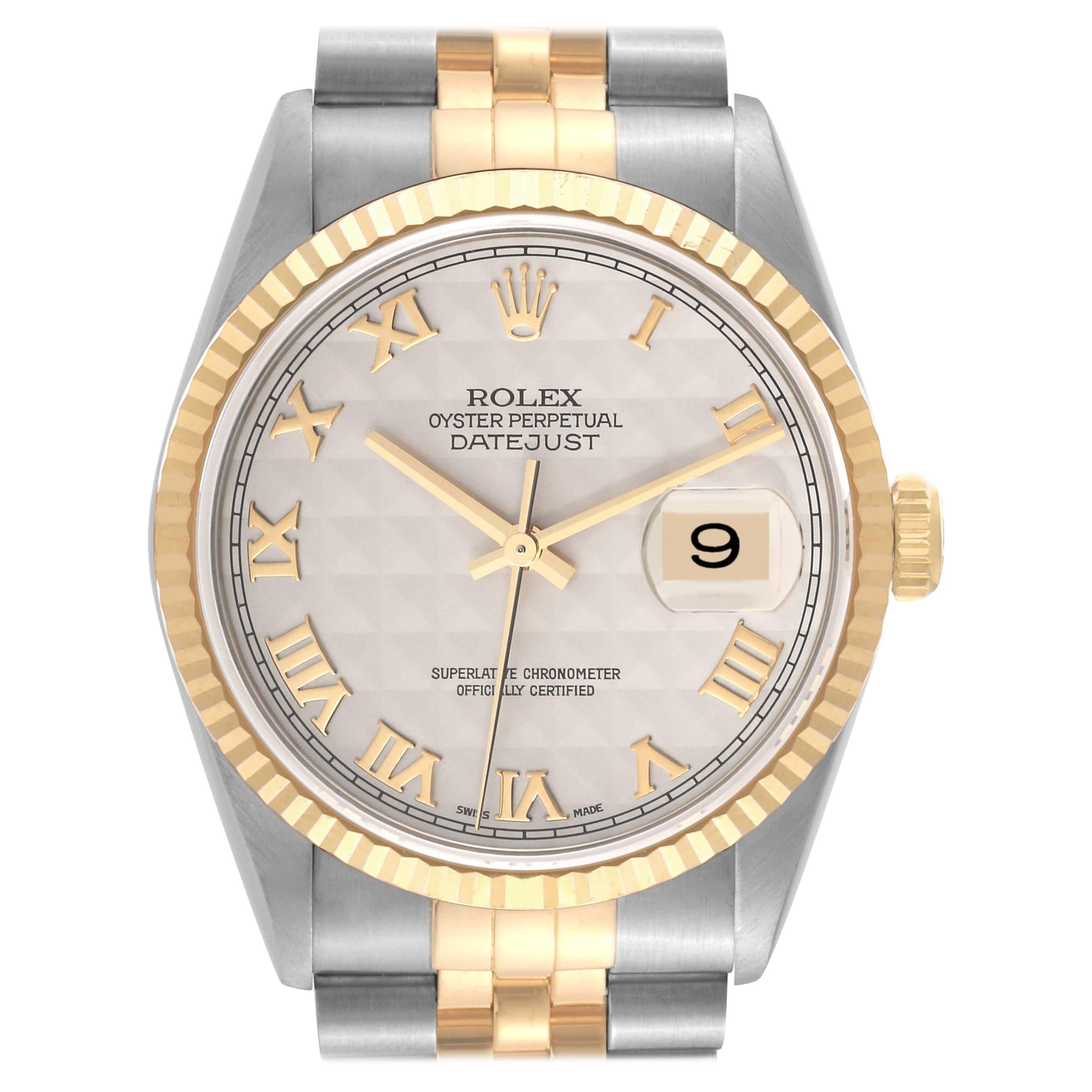 Rolex Datejust Stahl Gelbgold Elfenbein Pyramiden Zifferblatt Herrenuhr 16233 Box Papiere im Angebot