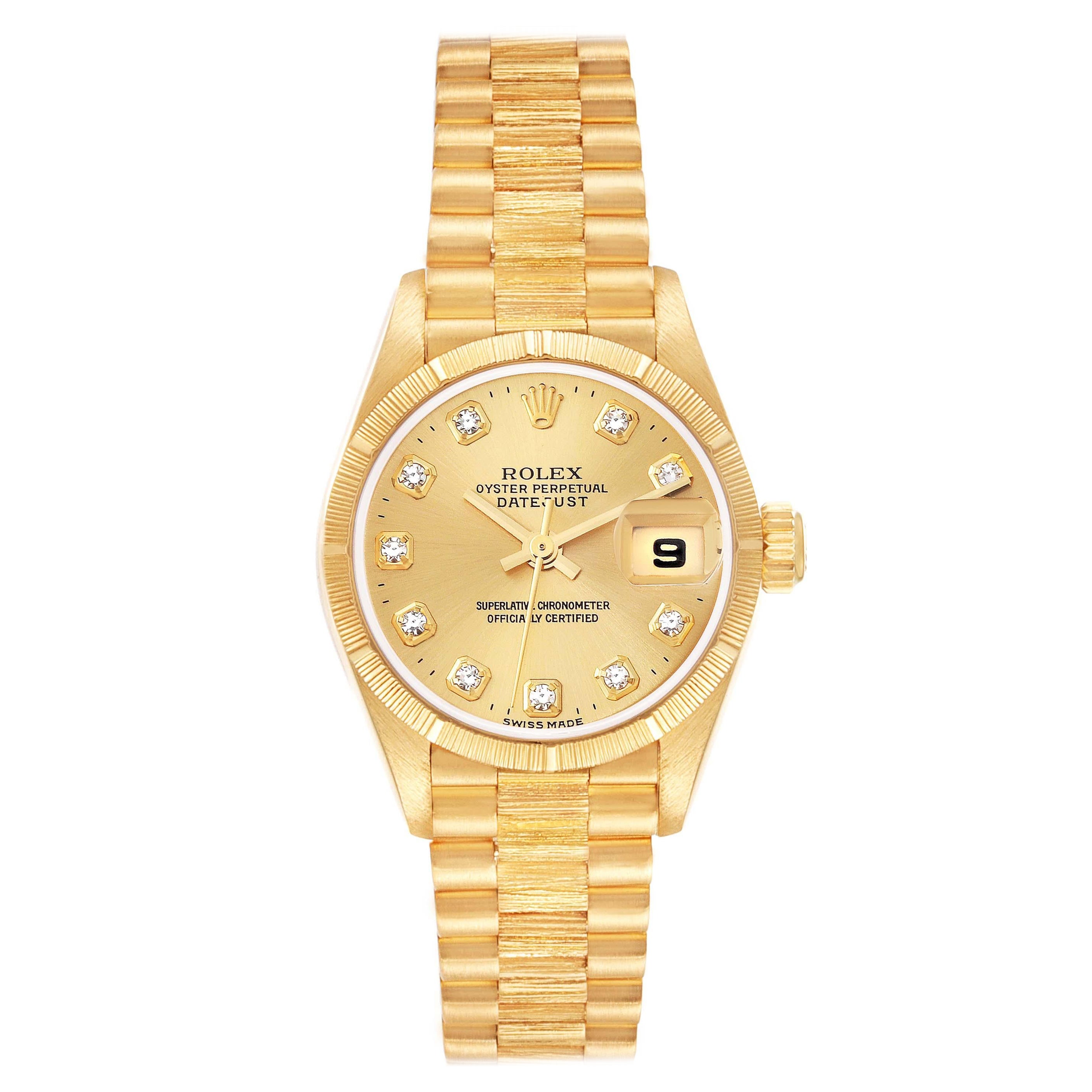 Rolex President Datejust Diamant-Zifferblatt Gelbgold Bark Finish Damenuhr 79278 im Angebot