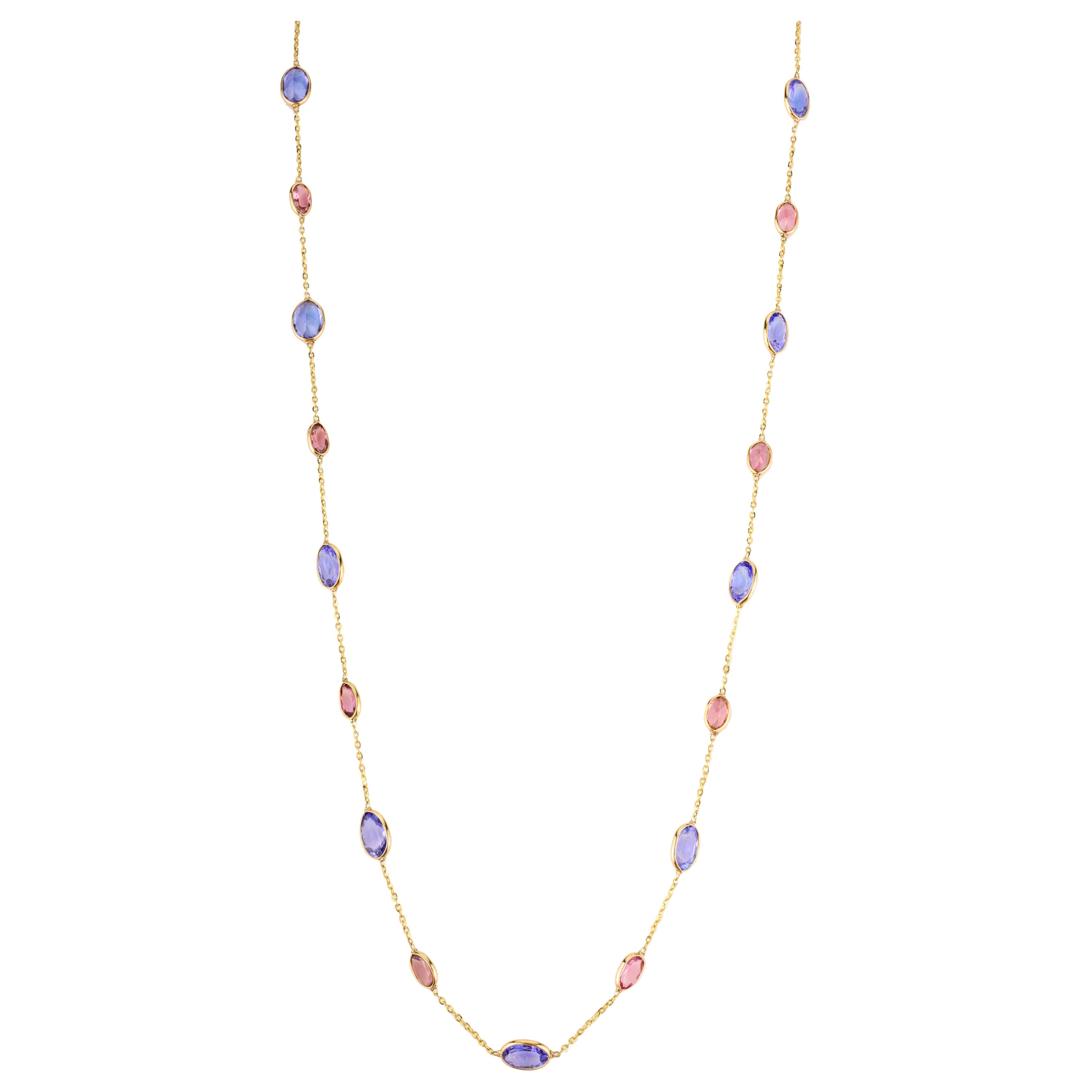 Einzigartige Tansanit und Turmalin Station Halskette Crafted in 18k Gelbgold im Angebot