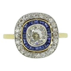 French Art Deco 0.70 Carat Diamond and Sapphire Ring