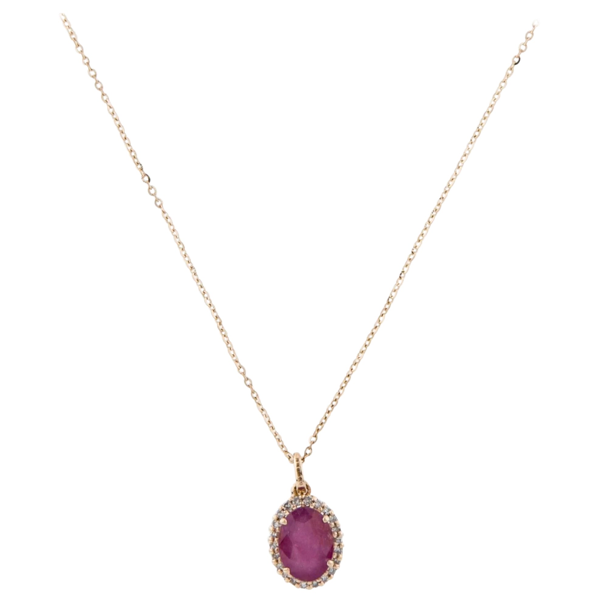 14K Ruby & Diamond Pendant Necklace  1.70ct Oval Modified Brilliant Ruby  0.08 For Sale