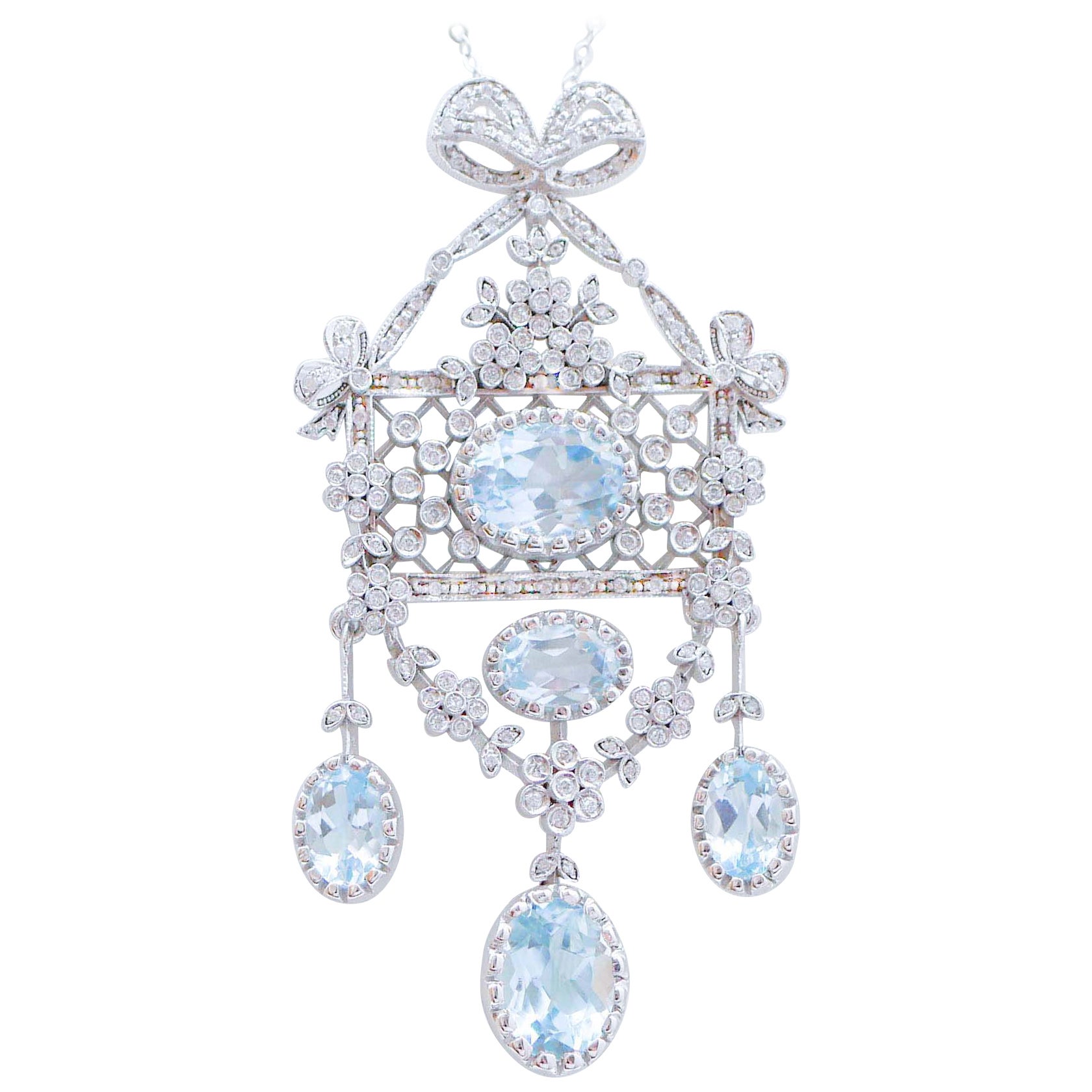 Aquamarine Colour Topazs, Diamonds, 14 Karat White Gold Pendant Necklace.